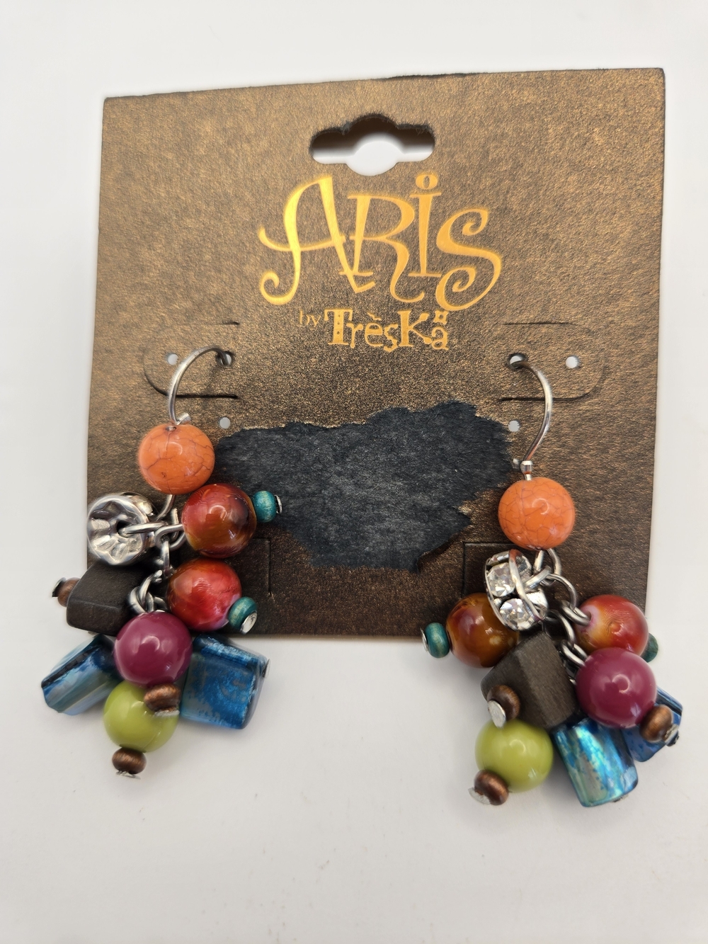 Aris by Treska Multicolor Beaded Drop Earrings Fun Shell Rhinestone Silver Boho